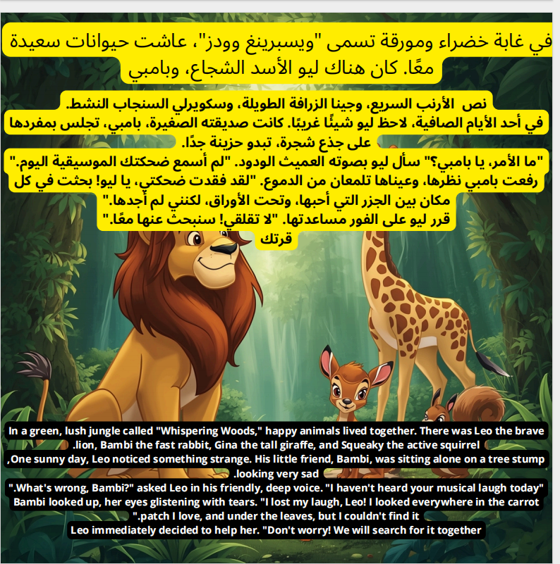 قصة لتعليم طفلك اللغة العربية ولانجليزية الحيونات الضاحكة في الغابة
