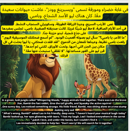قصة لتعليم طفلك اللغة العربية ولانجليزية الحيونات الضاحكة في الغابة