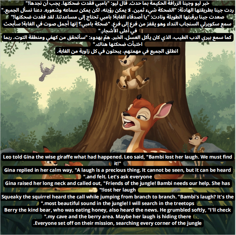 قصة لتعليم طفلك اللغة العربية ولانجليزية الحيونات الضاحكة في الغابة