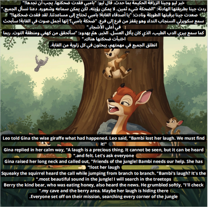 قصة لتعليم طفلك اللغة العربية ولانجليزية الحيونات الضاحكة في الغابة